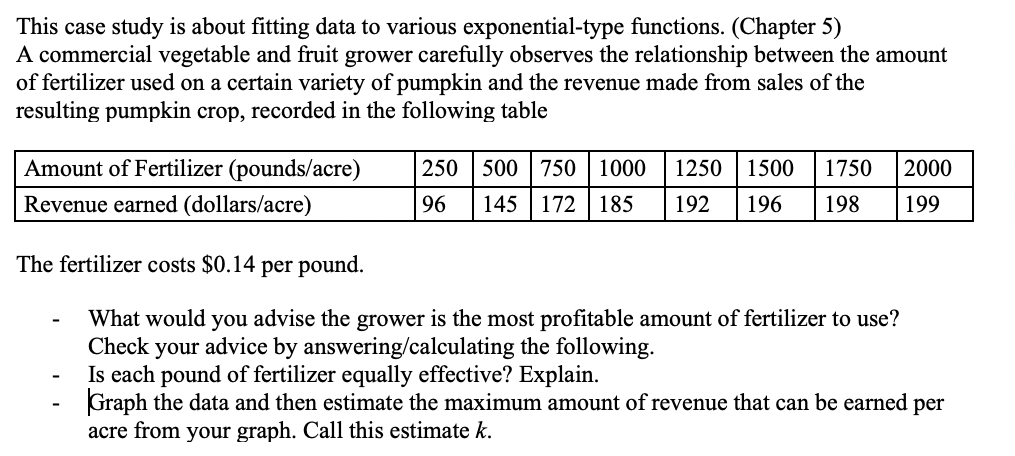 This case study is about fitting data to various exponential-type functions. (Chapter 5)
A commercial vegetable and fruit grower carefully observes the relationship between the amount
of fertilizer used on a certain variety of pumpkin and the revenue made from sales of the
resulting pumpkin crop, recorded in the following table
Amount of Fertilizer (pounds/acre)
250 | 500 750 | 1000
1250
1500
1750
2000
Revenue earned (dollars/acre)
96
145 172
185
192
196
198
199
The fertilizer costs $0.14 per pound.
What would you advise the grower is the most profitable amount of fertilizer to use?
Check your advice by answering/calculating the following.
Is each pound of fertilizer equally effective? Explain.
Graph the data and then estimate the maximum amount of revenue that can be earned per
acre from your graph. Call this estimate k.
-
