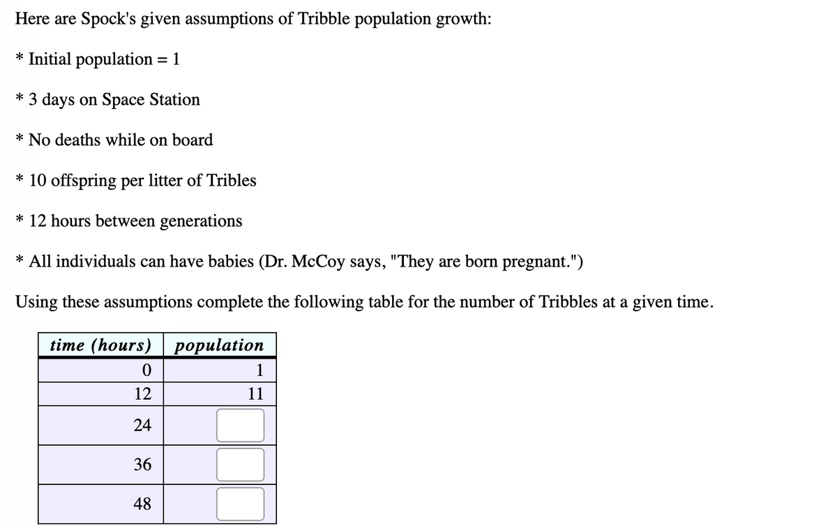 Here are Spock's given assumptions of Tribble population growth:
* Initial population = 1
* 3 days on Space Station
* No deaths while on board
* 10 offspring per litter of Tribles
* 12 hours between generations
* All individuals can have babies (Dr. McCoy says, "They are born pregnant.")
Using these assumptions complete the following table for the number of Tribbles at a given time.
time (hours)| роpulation
1
12
11
24
36
48
