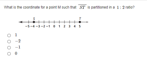 What is the coordinate for a point M such that ST is partitioned in a 1:2 ratio?
-5-4 -3 -2 -1 0 12 3 4 5
O 1
-2
-1
