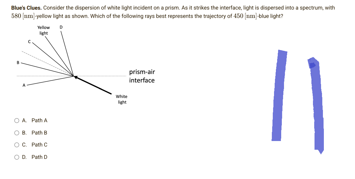 Blue's Clues. Consider the dispersion of white light incident on a prism. As it strikes the interface, light is dispersed into a spectrum, with
580 [nm]-yellow light as shown. Which of the following rays best represents the trajectory of 450 [nm]-blue light?
Yellow D
light
prism-air
interface
A
O A. Path A
O B. Path B
O C. Path C
O D. Path D
White
light