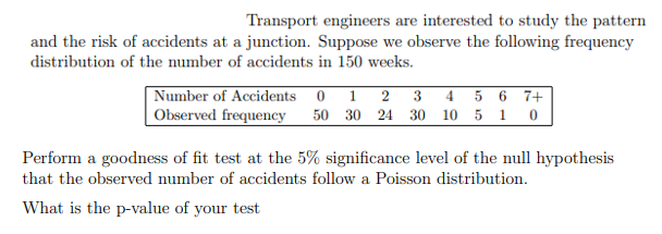 Transport engineers are interested to study the pattern
and the risk of accidents at a junction. Suppose we observe the following frequency
distribution of the number of accidents in 150 weeks.
Number of Accidents 0
Observed frequency
1
3
4 5 6 7+
50 30 24 30 10 5 1 0
Perform a goodness of fit test at the 5% significance level of the null hypothesis
that the observed number of accidents follow a Poisson distribution.
What is the p-value of your test
