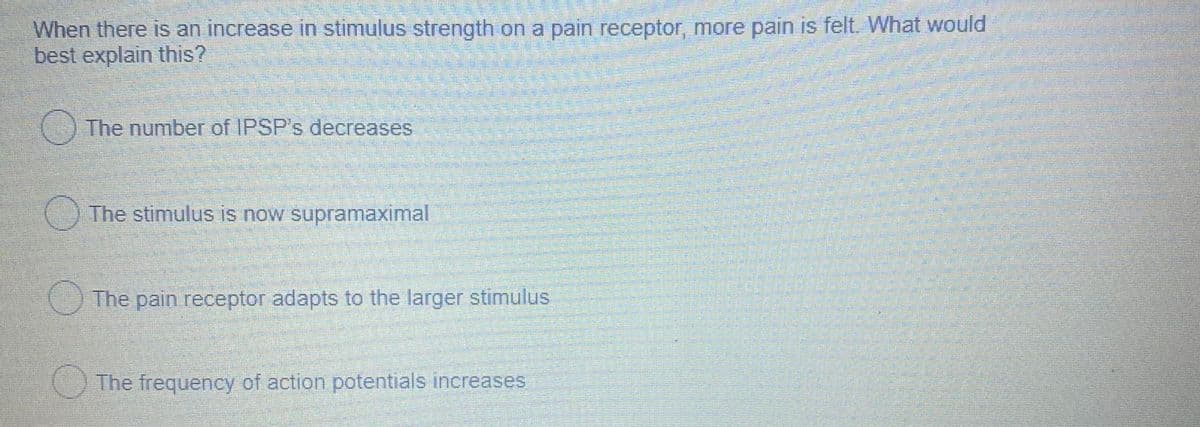 When there is an increase in stimulus strength on a pain receptor, more pain is felt. What would
best explain this?
The number of IPSP's decreases.
The stimulus is now supramaximal
The pain receptor adapts to the larger stimulus
The frequency of action potentials increases
