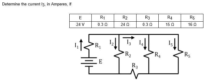Determine the current 13, in Amperes, if
E
R1
R2
R3
R4
R5
24 V
0.3 0
24 Q
0.3 0
15 Q
16 0
I3
'R,
R2
R4
*R5
E
R3
