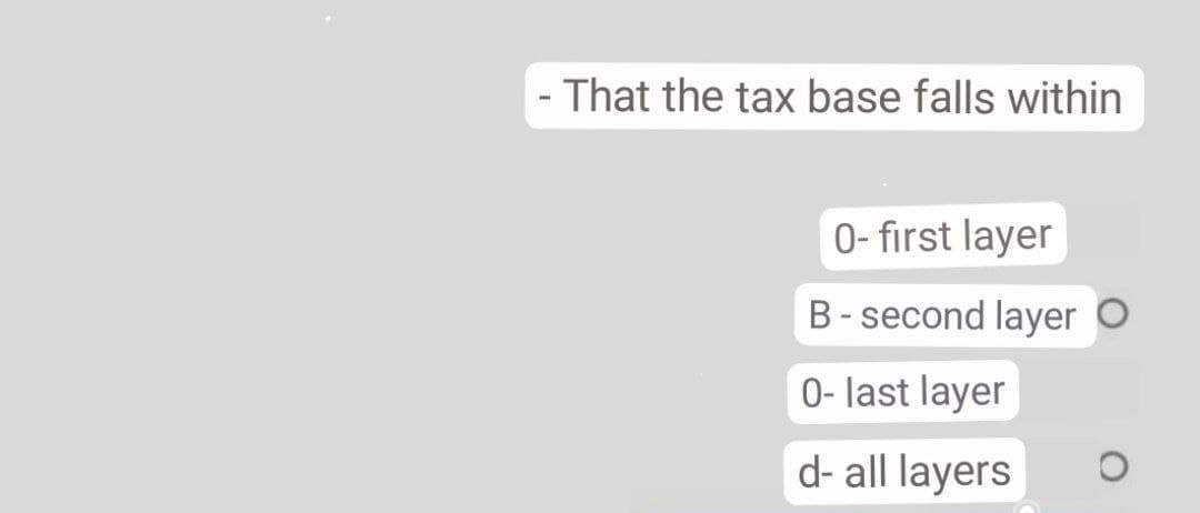 - That the tax base falls within
0- first layer
B- second layer O
0- last layer
d- all layers
