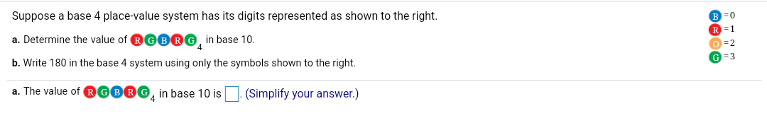 Suppose a base 4 place-value system has its digits represented as shown to the right.
=D1
a. Determine the value of RG BRG, in base 10.
O =2
G =3
b. Write 180 in the base 4 system using only the symbols shown to the right.
a. The value of RGBRG, in base 10 is
(Simplify your answer.)
