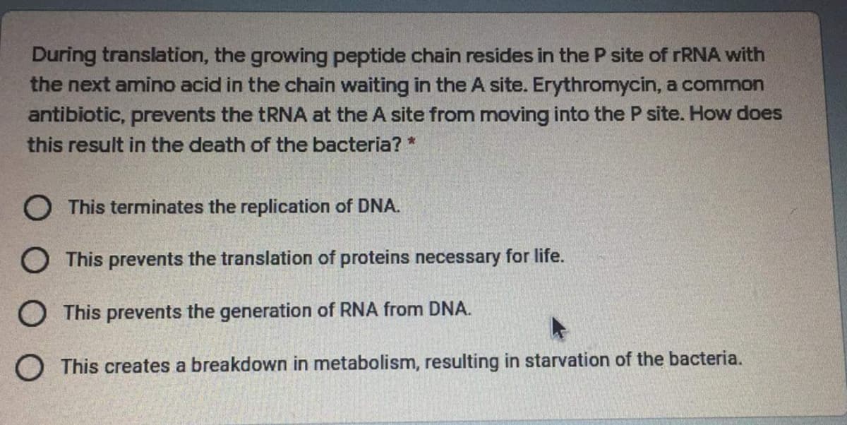 During translation, the growing peptide chain resides in the P site of rRNA with
the next amino acid in the chain waiting in the A site. Erythromycin, a common
antibiotic, prevents the TRNA at the A site from moving into the P site. How does
this result in the death of the bacteria? *
O This terminates the replication of DNA.
This prevents the translation of proteins necessary for life.
O This prevents the generation of RNA from DNA.
O This creates a breakdown in metabolism, resulting in starvation of the bacteria.
