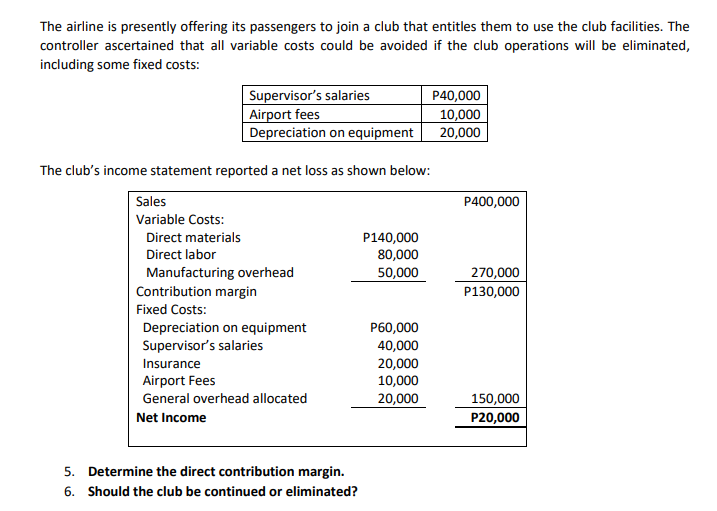 The airline is presently offering its passengers to join a club that entitles them to use the club facilities. The
controller ascertained that all variable costs could be avoided if the club operations will be eliminated,
including some fixed costs:
Supervisor's salaries
Airport fees
Depreciation on equipment
P40,000
10,000
20,000
The club's income statement reported a net loss as shown below:
Sales
P400,000
Variable Costs:
Direct materials
P140,000
80,000
Direct labor
Manufacturing overhead
Contribution margin
Fixed Costs:
50,000
270,000
P130,000
P60,000
40,000
20,000
10,000
Depreciation on equipment
Supervisor's salaries
Insurance
Airport Fees
General overhead allocated
20,000
150,000
Net Income
P20,000
5. Determine the direct contribution margin.
6. Should the club be continued or eliminated?

