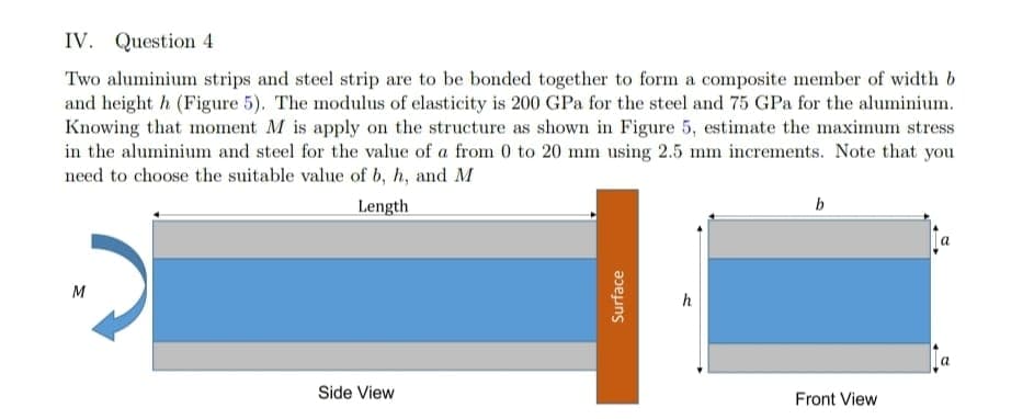 IV. Question 4
Two aluminium strips and steel strip are to be bonded together to form a composite member of width b
and height h (Figure 5). The modulus of elasticity is 200 GPa for the steel and 75 GPa for the aluminium.
Knowing that moment M is apply on the structure as shown in Figure 5, estimate the maximum stress
in the aluminium and steel for the value of a from 0 to 20 mm using 2.5 mm increments. Note that you
need to choose the suitable value of b, h, and M
Length
b
M
h
Front View
Side View
Surface