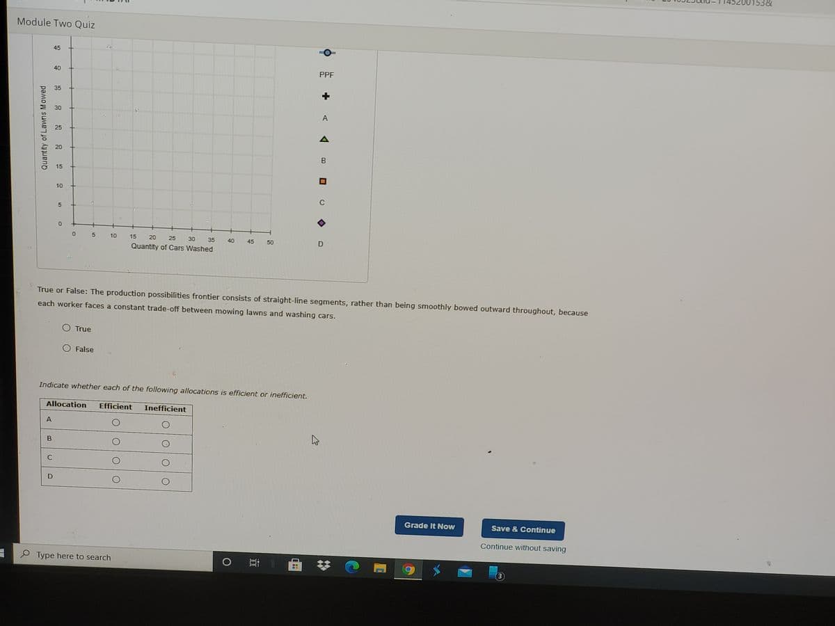 3&
Module Two Quiz
45
40
PPF
35
+
30
A
25
A
20
B
15
10
C
0 5 10
15
20
25
30
35
40
45
50
D
Quantity of Cars Washed
True or False: The production possibilities frontier consists of straight-line segments, rather than being smoothly bowed outward throughout, because
each worker faces a constant trade-off between mowing lawns and washing cars.
O True
O False
Indicate whether each of the following allocations is efficient or inefficient.
Allocation
Efficient
Inefficient
A
B
C
Grade It Now
Save & Continue
Continue without saving
P Type here to search
3
Quantity of Lawns Mowed
5
