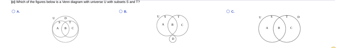 (c) Which of the figures below is a Venn diagram with universe U with subsets S and T?
O A.
OB.
Oc.
U
D
U
D
A
B
C
A
B
D
