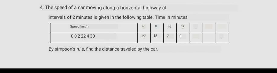 4. The speed of a car moving along a horizontal highway at
intervals of 2 minutes is given in the following table. Time in minutes
Speed km/h
6
8
10
12
00222 4 30
27
18
7
By simpson's rule, find the distance traveled by the car.
