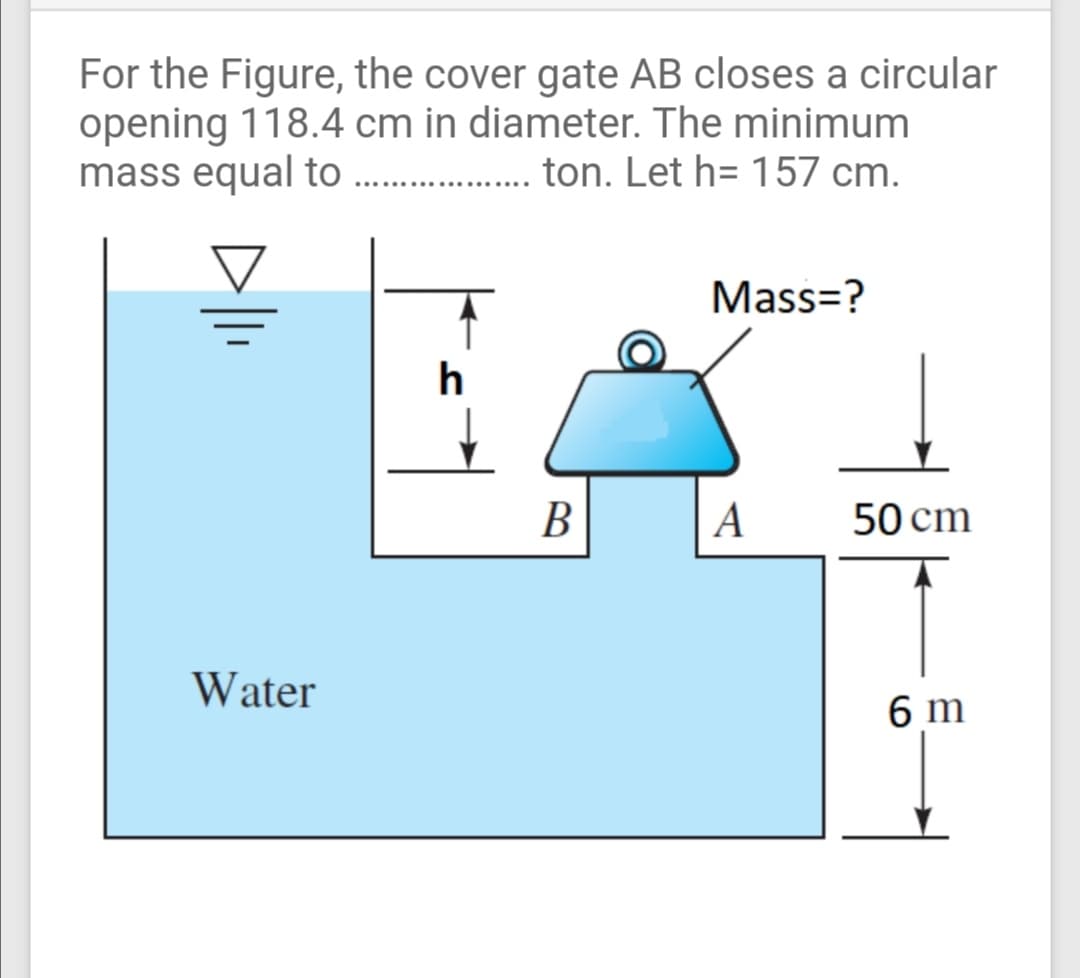 For the Figure, the cover gate AB closes a circular
opening 118.4 cm in diameter. The minimum
mass equal to
. ton. Let h= 157 cm.
Mass=?
В
A
50 cm
Water
6 m
