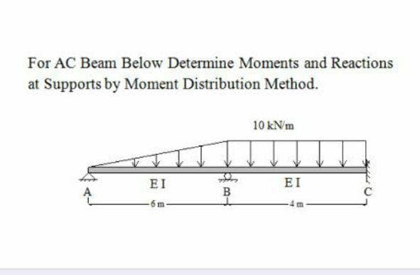 For AC Beam Below Determine Moments and Reactions
at Supports by Moment Distribution Method.
10 kN'm
EI
EI
B
-6m-

