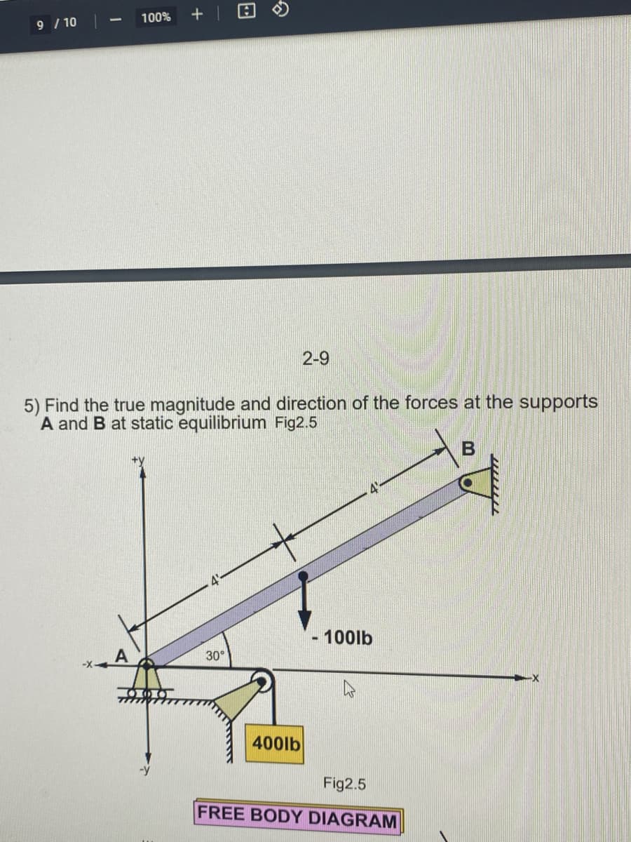100%
+
9 / 10
2-9
5) Find the true magnitude and direction of the forces at the supports
A and B at static equilibrium Fig2.5
- 100lb
30°
400lb
Fig2.5
FREE BODY DIAGRAM
