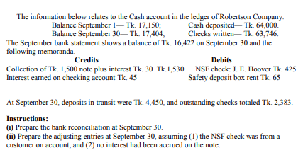 Instructions:
(1) Prepare the bank reconciliation at September 30.
(ii) Prepare the adjusting entries at September 30, assuming (1) the NSF check was from a
customer on account, and (2) no interest had been accrued on the note.
