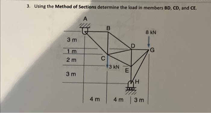 3. Using the Method of Sections determine the load in members BD, CD, and CE.
8 kN
3 m
G
1 m
C
2 m
3 kN
3 m
H.
4 m
4 m
3 m
B
