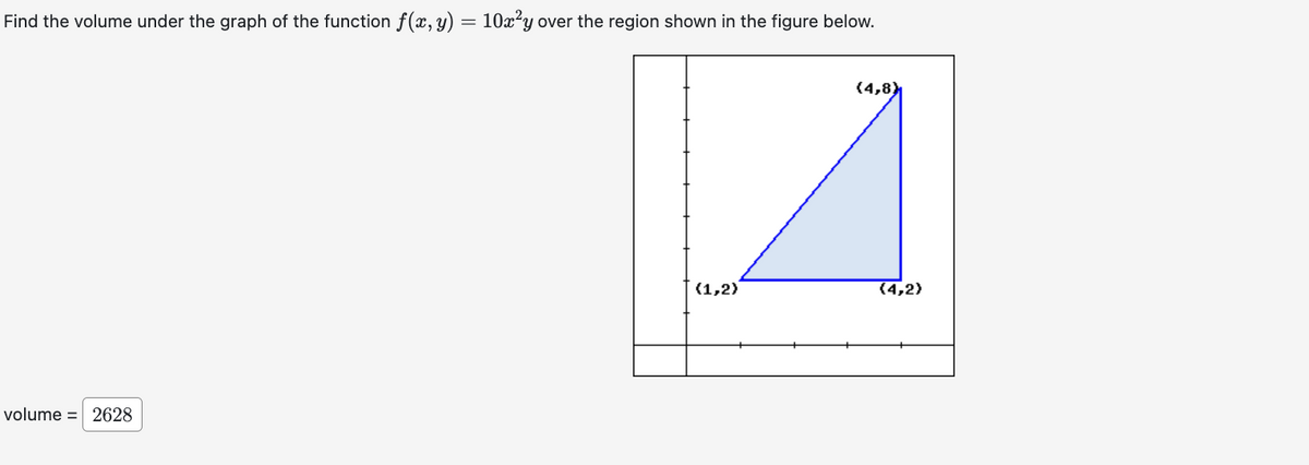 Find the volume under the graph of the function f(x, y) = 10x²y over the region shown in the figure below.
volume = 2628
(1,2)
(4,8)
(4,2)