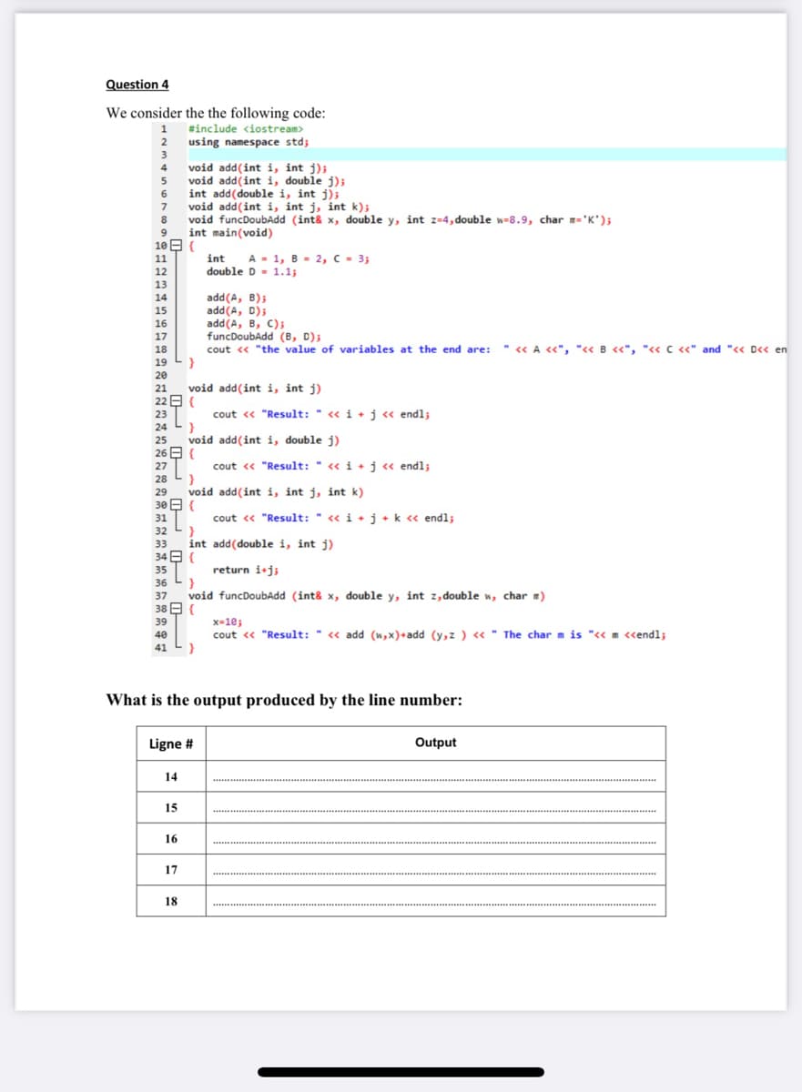 Question 4
We consider the the following code:
#include <iostream>
using namespace std;
void add(int i, int i);
5
void add(int i, double j);
int add(double i, int j);
void add(int i, int j, int k);
void funcDoubAdd (int& x, double y, int z=4, double w-8.9, char m='K');
int main(void)
10 E {
int
double D = 1.1;
6
8
11
A = 1, B = 2,C - 3;
12
13
add(A, B);
add(A, D);
add(A, B, C);
funcDoubAdd (B, D);
14
15
16
17
18
cout « "the value of variables at the end are:
" « A «", "« B «", "<« C «" and "« D« en
19
20
void add(int i, int j)
22 E {
21
23
cout « "Result: " « i +j« endl;
24
void add(int i, double j)
26日{
25
27
cout « "Result: " « i +j « endl;
28
void add(int i, int j, int k)
30 E {
29
cout « "Result: " « i +j+k « endl;
}
31
32
33
int add(double i, int j)
34E {
35
return i+j;
36
37
void funcDoubAdd (int& x, double y, int z,double w, char m)
38 9 {
39
x=10;
cout « "Result: " « add (w,x)+add (y,z ) « " The char m is "<« m <<endl;
}
40
41
What is the output produced by the line number:
Ligne #
Output
14
15
16
17
18
