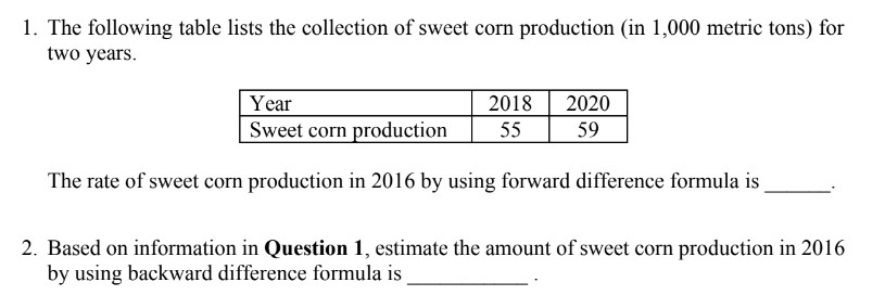 1. The following table lists the collection of sweet corn production (in 1,000 metric tons) for
two years.
Year
Sweet corn production
2018
2020
59
55
The rate of sweet corn production in 2016 by using forward difference formula is
2. Based on information in Question 1, estimate the amount of sweet corn production in 2016
by using backward difference formula is
