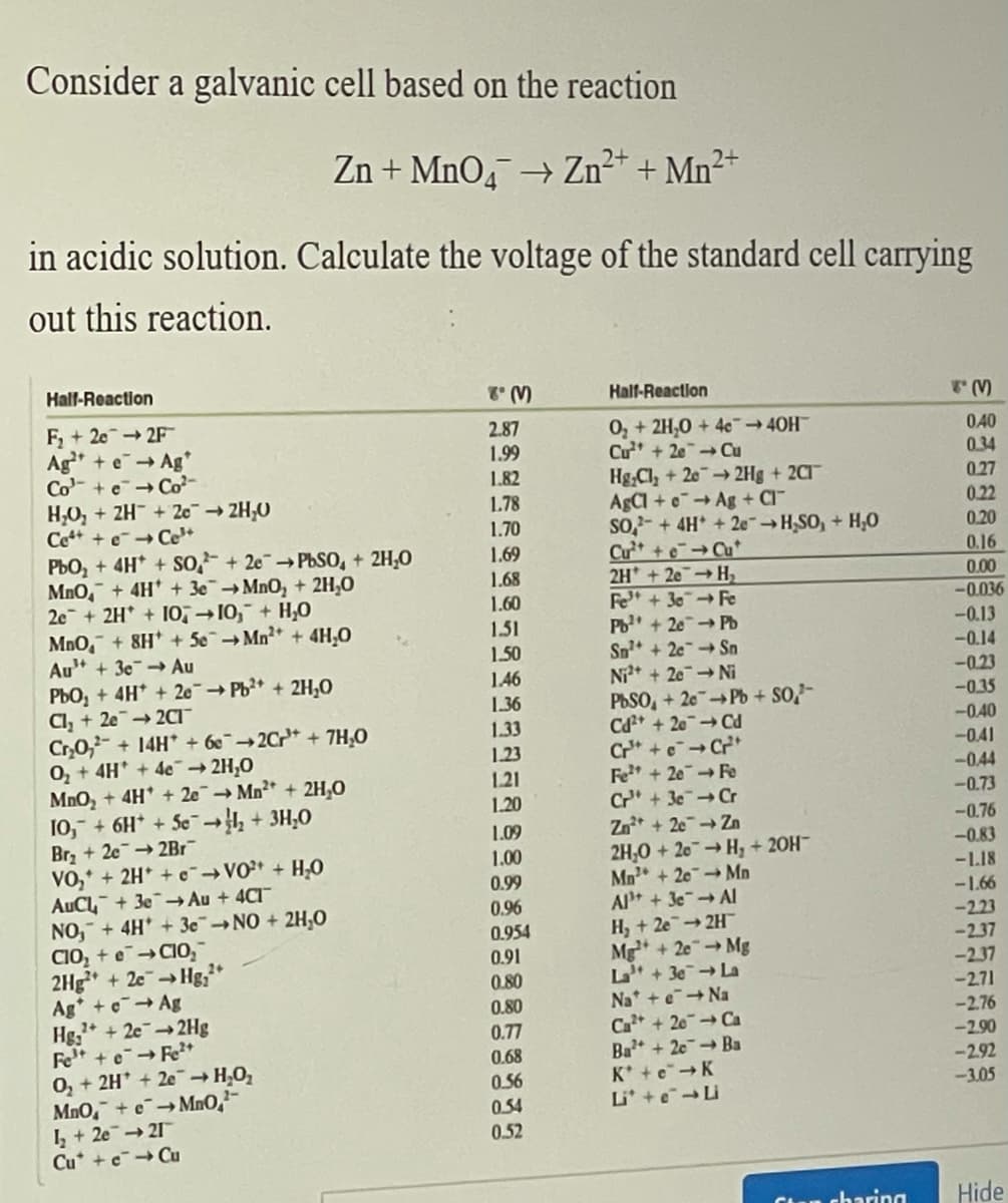 Consider a galvanic cell based on the reaction
Zn + MnO, → Zn²* + Mn²+
in acidic solution. Calculate the voltage of the standard cell carrying
out this reaction.
Half-Reaction
Half-Reaction
F+ 2e2F
Ag* + eAg
Co- + e- Co-
H,O, + ZH + 2e2H,0
Ce +eCe
PbO, + 4H + So,- + 2c¯ →PbSO, + 2H,0
MnO, + 4H + 3eMnO, + 2H,0
2e + 2H + 10, →10,¯ + H,0
MnO, + 8H + 5eMn + 4H,O
Au + 3eAu
PbO, + 4H + 2e¯Pb2* + 2H,0
CI, + 2e 2C1¯
Cr,0,- + 14H + 6e¯→2Cr* + 7H,0
0, + 4H* + 4e→ 2H,0
MnO, + 4H + 2e Mn²* + 2H,0
10, + 6H + Se , + 3H,0
Brz + 2e → 2B1¯
VO,* + 2H* + ¢¯→VO²* + H;O
AUCL + 3e→ Au + 4CI
NO, + 4H + 3eNO + 2H,0
CIO, + eCIO,
2Hg + 2eHg,*
Ag+cAg
Hg, +2e2Hg
Fe +eFe2+
0, + 2H* + 2e→ H,O,
MnO, + eMnO,-
I + 2e 21
Cu* +e→ Cu
2.87
1.99
0, + 2H,0 + 4c→40H
Cu + 2eCu
Hg Cl, + 202H + 2CI¯
A CI+eAg + Cl
So-+4H +2e"→H,SO, + H,0
Cu +e Cu
2H +2eH
Fe + 30Fe
Pb + 2ePb
Sn + 2e Sn
Ni + 20NI
PbSO, + 20Pb + SO,-
Cd* + 20 Cd
Cr* +eCr
Fe + 2eFe
Cr + 3eCr
Zo* + 2e Zn
2H,0 + 20H, + 20H
Mn +2eMn
Al + 3eAI
H, + 2e2H
Mg +2eMg
La +3eLa
Na* + e+ Na
Ca + 20 Ca
Ba +2eBa
K + eK
Li +eLi
0.40
0.34
1.82
1.78
1.70
0.27
0.22
0.20
1.69
0.16
1.68
0.00
-0.036
1.60
1.51
1.50
-0.13
-0.14
1.46
-0.23
1.36
-0.35
-0.40
-041
-0.44
-0.73
1.33
1.23
1.21
1.20
1.09
-0.76
-0.83
1.00
-L18
0.99
-1.66
-223
-237
-237
-271
0.96
0.954
0.91
0.80
0.80
-2.76
-2.90
0.77
0.68
-292
-3.05
0.56
0.54
0.52
charing
Hide
