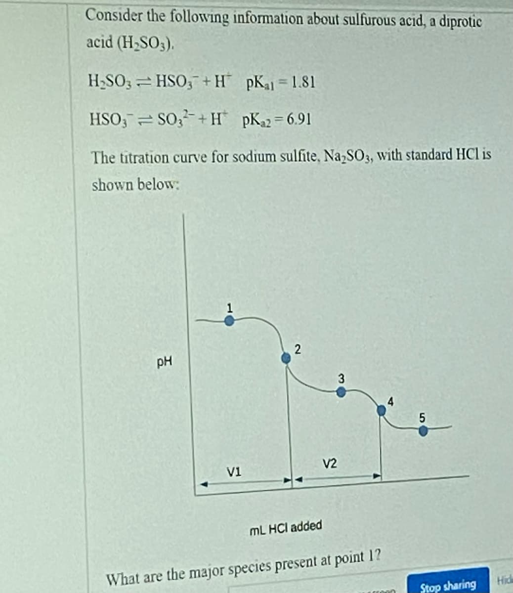 Consider the following information about sulfurous acıd, a diprotic
acid (H2SO3).
H2SO; = HSO, + H pKa1 = 1.81
HSO,= SO,+ H pK2 = 6.91
The titration curve for sodium sulfite, NazSO3, with standard HCl is
shown below:
2
pH
V2
V1
ML HCl added
What are the major species present at point 1?
Hide
Stop sharing
