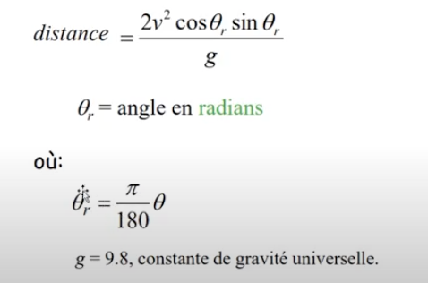 2v² cos0, sin 0,
distance
g
0, = angle en radians
où:
180
g= 9.8, constante de gravité universelle.
