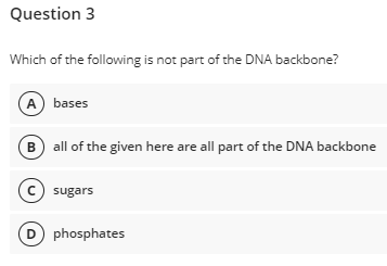 Question 3
Which of the following is not part of the DNA backbone?
(A) bases
B all of the given here are all part of the DNA backbone
c) sugars
D phosphates
