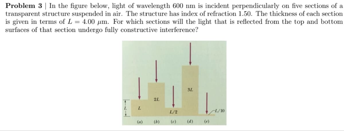 Problem 3 | In the figure below, light of wavelength 600 nm is incident perpendicularly on five sections of a
transparent structure suspended in air. The structure has index of refraction 1.50. The thickness of each section
is given in terms of L = 4.00 µm. For which sections will the light that is reflected from the top and bottom
surfaces of that section undergo fully constructive interference?
L
(a)
2L
(b)
L/2
(c)
3L
(d)
L/10