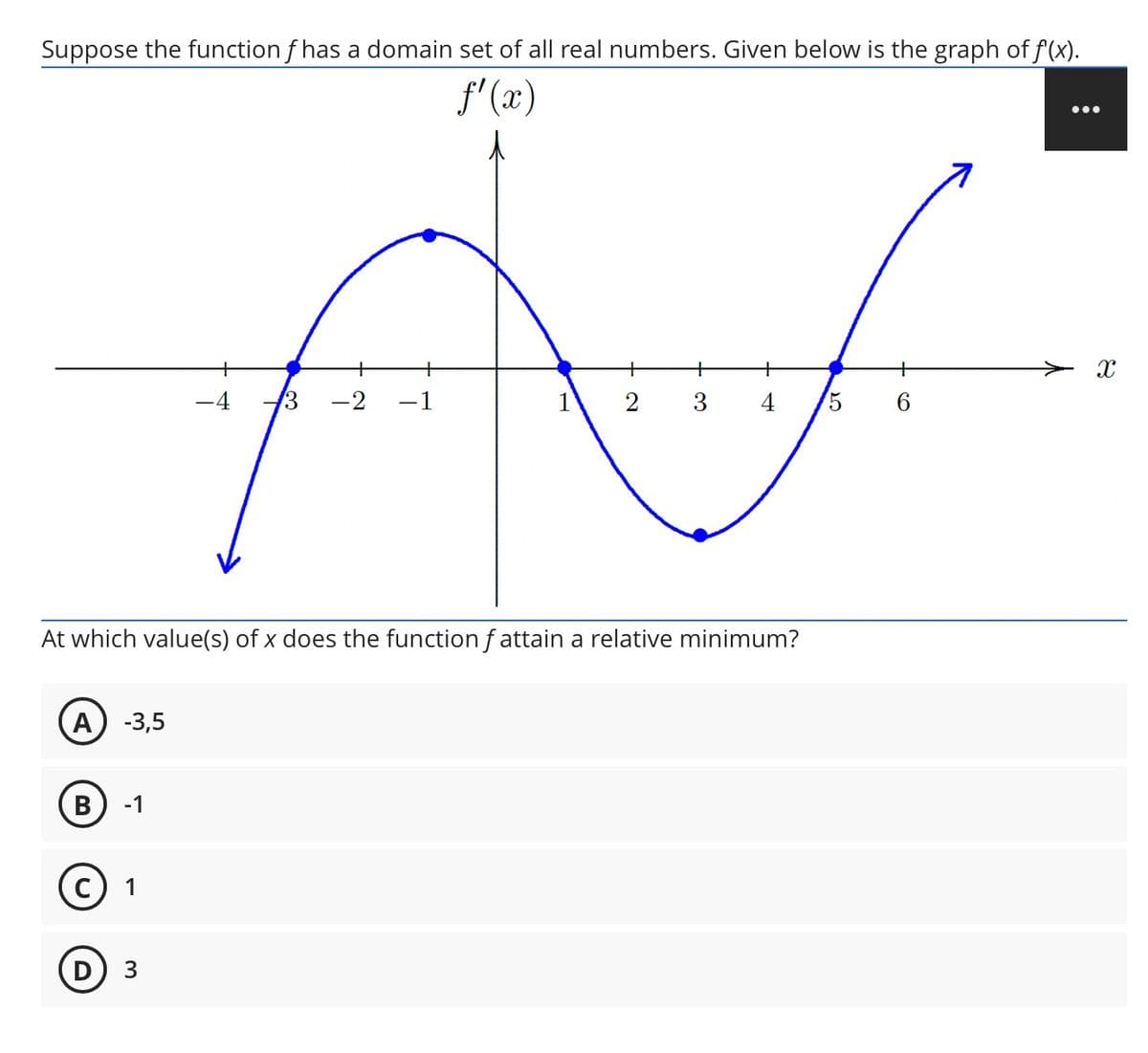 Suppose the function f has a domain set of all real numbers. Given below is the graph of f(x).
f'(x)
...
> x
-4
3
-2 -1
1
2 3
4
5 6
At which value(s) of x does the function f attain a relative minimum?
А) -3,5
B
-1
с) 1
D) 3
