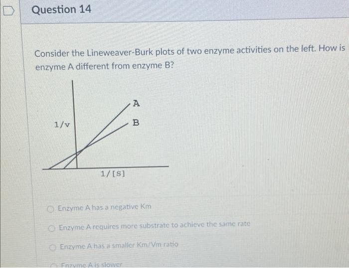D.
Question 14
Consider the Lineweaver-Burk plots of two enzyme activities on the left. How is
enzyme A different from enzyme B?
1/v
B
1/[S]
O Enzyme A has a negative Km
O Enzyme A requires more substrate to achieve the same rate
O Enzyme A has a smaller Km/Vm ratio
Enzvme A is slower
