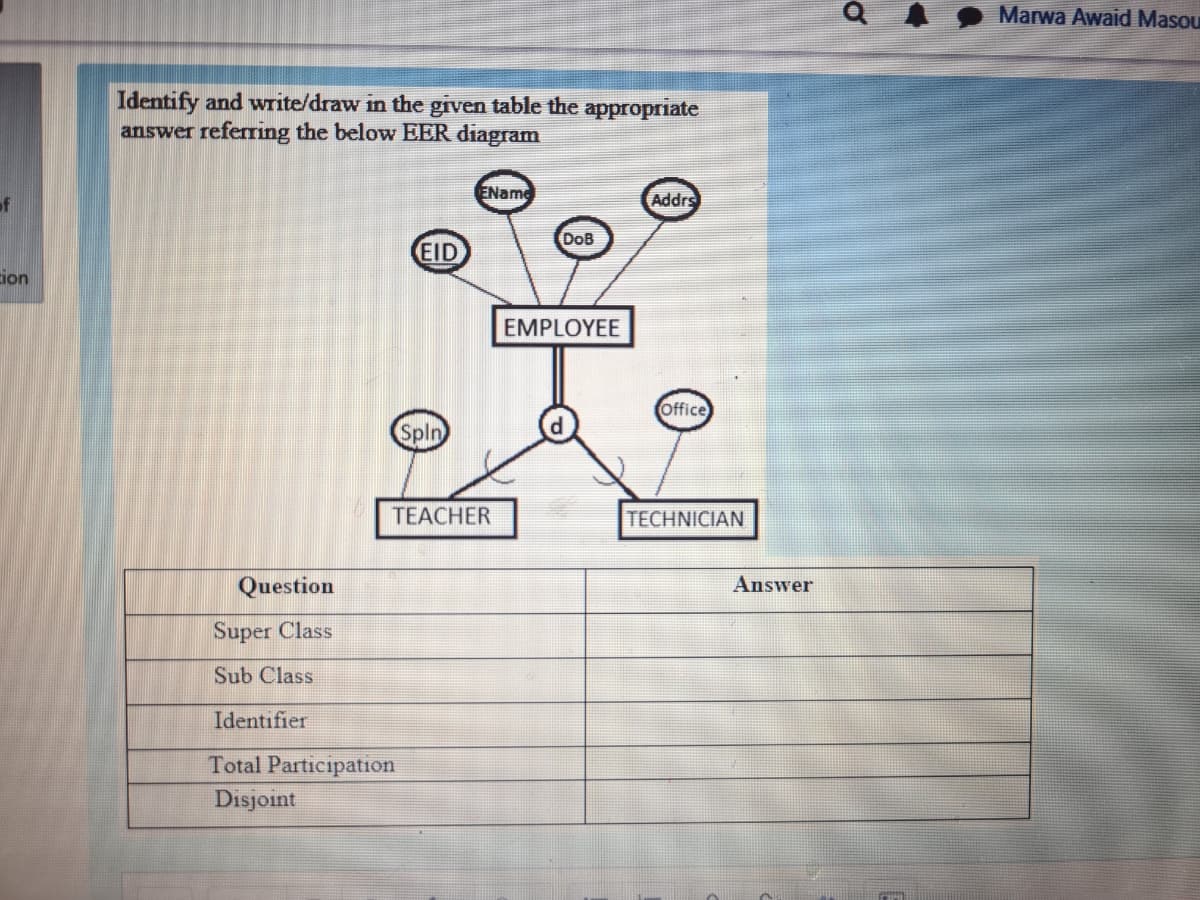 Marwa Awaid Masou
Identify and write/draw in the given table the appropriate
answer referring the below EER diagram
of
EName
Addrs
DoB
EID
ion
EMPLOYEE
Office
Spln
TEACHER
TECHNICIAN
Question
Answer
Super Class
Sub Class
Identifier
Total Participation
Disjoint
