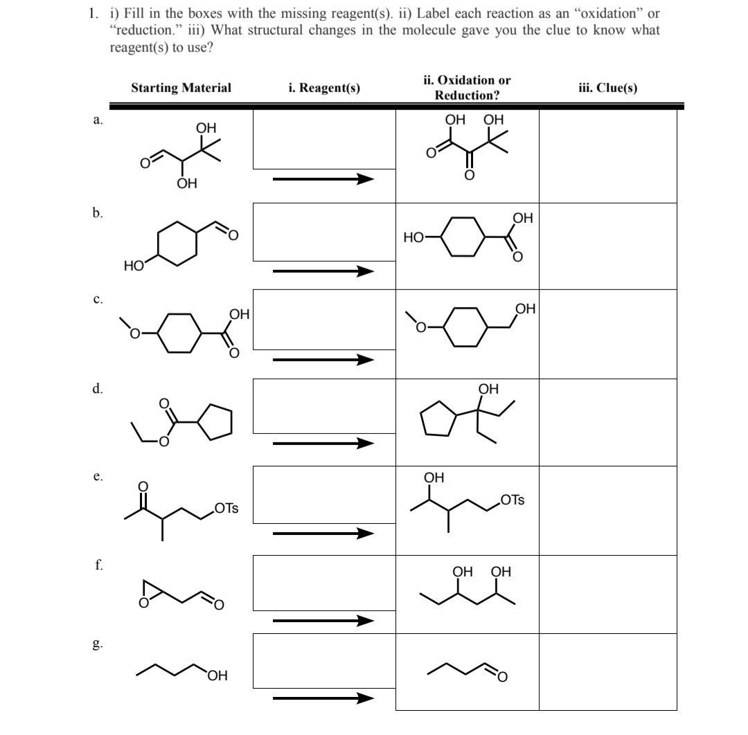 1. i) Fill in the boxes with the missing reagent(s). ii) Label each reaction as an "oxidation" or
"reduction." iii) What structural changes in the molecule gave you the clue to know what
reagent(s) to use?
a.
b.
С.
d.
e.
f.
g.
Starting Material
НО
ОН
ОН
ОН
OTS
OH
i. Reagent(s)
ii. Oxidation or
Reduction?
ОН ОН
но-
ОН
ОН
ОН
ОН ОН
ОН
OTS
iii. Clue(s)