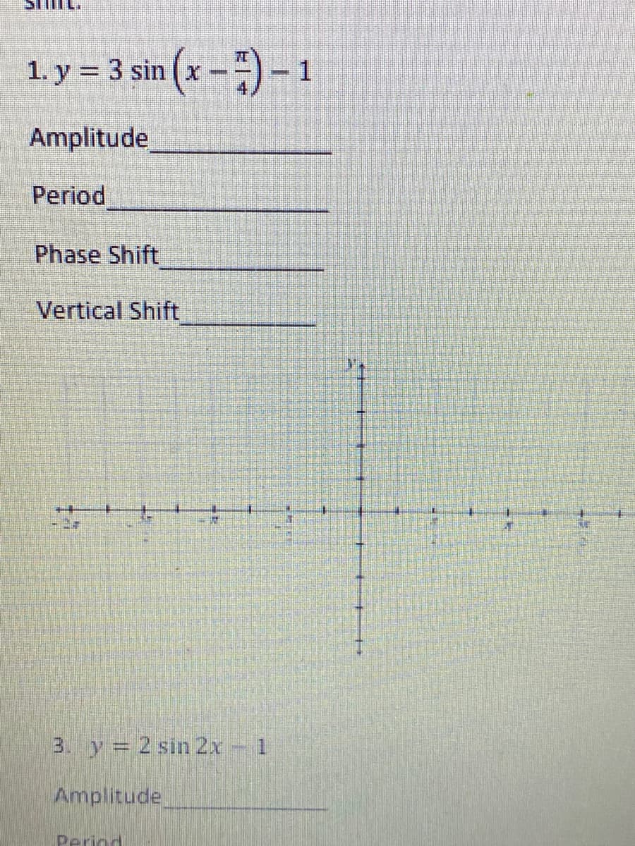 1.y = 3 sin (x -)-1
Amplitude
Period
Phase Shift
Vertical Shift
3. y 2 sin 2x - 1
Amplitude
Period
