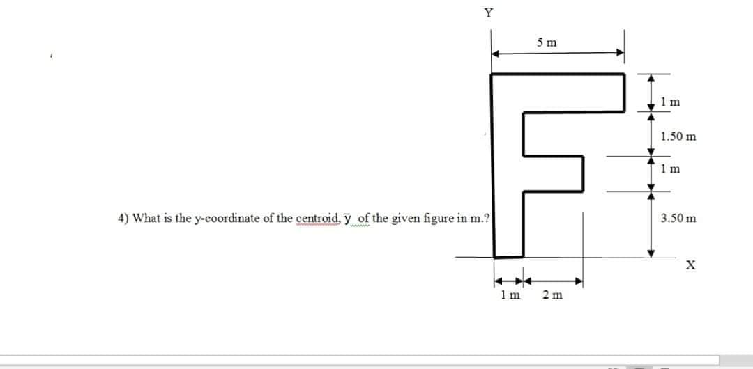 Y
5 m
1 m
1.50 m
1 m
4) What is the y-coordinate of the centroid, y of the given figure in m.?
3.50 m
X
1 m
2 m
