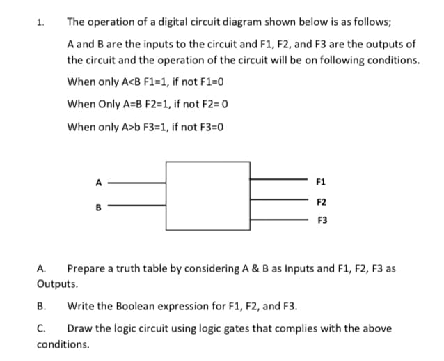 1.
The operation of a digital circuit diagram shown below is as follows;
A and B are the inputs to the circuit and F1, F2, and F3 are the outputs of
the circuit and the operation of the circuit will be on following conditions.
When only A<B F1=1, if not F1=0
When Only A=B F2=1, if not F2= 0
When only A>b F3=1, if not F3=0
A
F1
F2
F3
A.
Prepare a truth table by considering A & B as Inputs and F1, F2, F3 as
Outputs.
В.
Write the Boolean expression for F1, F2, and F3.
C.
Draw the logic circuit using logic gates that complies with the above
conditions.
