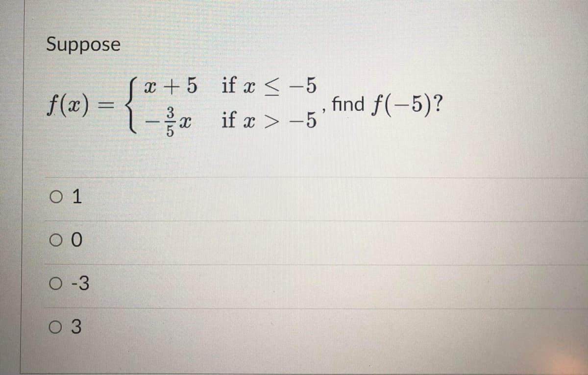 Suppose
x + 5 if x < -5
f(x) =
{-* if z> -5
, find f(-5)?
O 1
O -3
0 3
