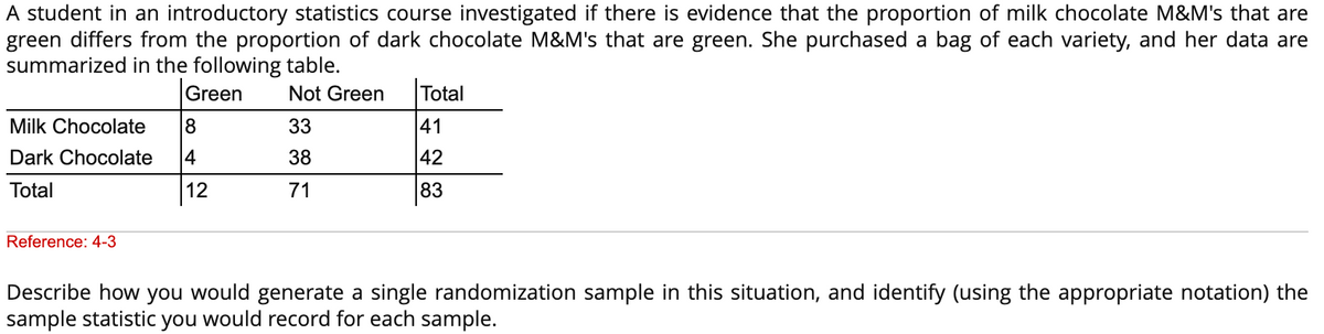 A student in an introductory statistics course investigated if there is evidence that the proportion of milk chocolate M&M's that are
green differs from the proportion of dark chocolate M&M's that are green. She purchased a bag of each variety, and her data are
summarized in the following table.
Green
Not Green
Milk Chocolate 8
Dark Chocolate 4
Total
12
Reference: 4-3
33
38
71
Total
41
42
83
Describe how you would generate a single randomization sample in this situation, and identify (using the appropriate notation) the
sample statistic you would record for each sample.