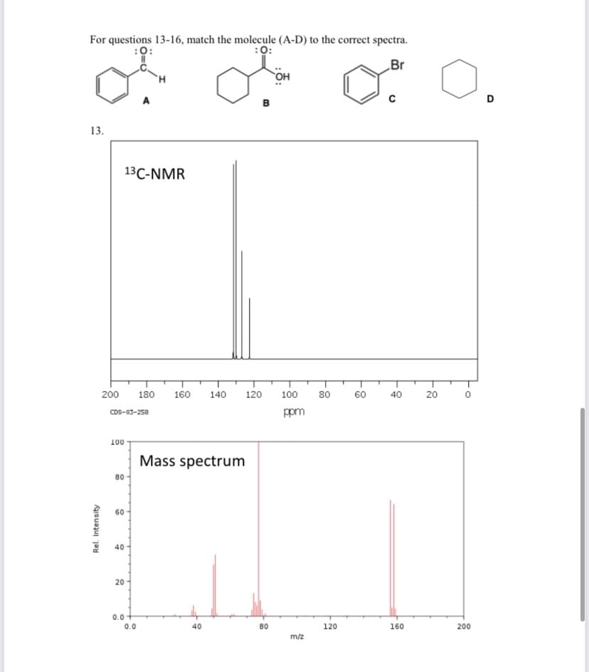 For questions 13-16, match the molecule (A-D) to the correct spectra.
:0:
:0:
„Br
он
A
D
в
13.
13C-NMR
200
180
160
140
120
100
80
60
40
20
CDS-03-258
ppm
100
Mass spectrum
80
60
40
20
0.0+
0.0
40
80
120
160
200
m/z
Rel. Intensity
