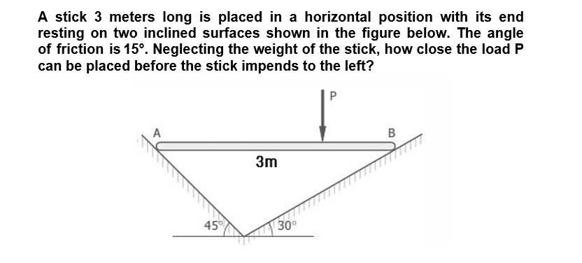 A stick 3 meters long is placed in a horizontal position with its end
resting on two inclined surfaces shown in the figure below. The angle
of friction is 15°. Neglecting the weight of the stick, how close the load P
can be placed before the stick impends to the left?
P
A
3m
45
30
