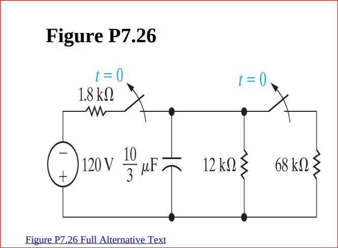 Figure P7.26
t = 0
1.8 k.
t = 0
10
) 120 V µF
68 kN {
12 k.
Figure P7.26 Full Alternative Text
HE
