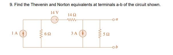 9. Find the Thevenin and Norton equivalents at terminals a-b of the circuit shown.
14 V
14 2
ww
IA 4
3 A
52
