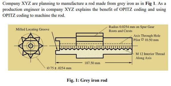 Company XYZ are planning to manufacture a rod made from grey iron as in Fig 1. As a
production engineer in company XYZ explains the benefit of OPITZ coding and using
OPITZ coding to machine the rod.
Milled Locating Groove
Radius 0.0254 mm on Spur Gear
Roots and Crests
Axis Through Hole
Pilot Ø 10.50 mm
M 12 Interior Thread
Along Axis
187.50 mm
O 75 t.0254 mm
Fig. 1: Grey iron rod
