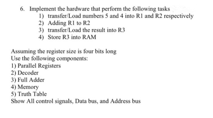 6. Implement the hardware that perform the following tasks
1) transfer/Load numbers 5 and 4 into R1 and R2 respectively
2) Adding RI to R2
3) transfer/Load the result into R3
4) Store R3 into RAM
Assuming the register size is four bits long
Use the following components:
1) Parallel Registers
2) Decoder
3) Full Adder
4) Memory
5) Truth Table
Show All control signals, Data bus, and Address bus
