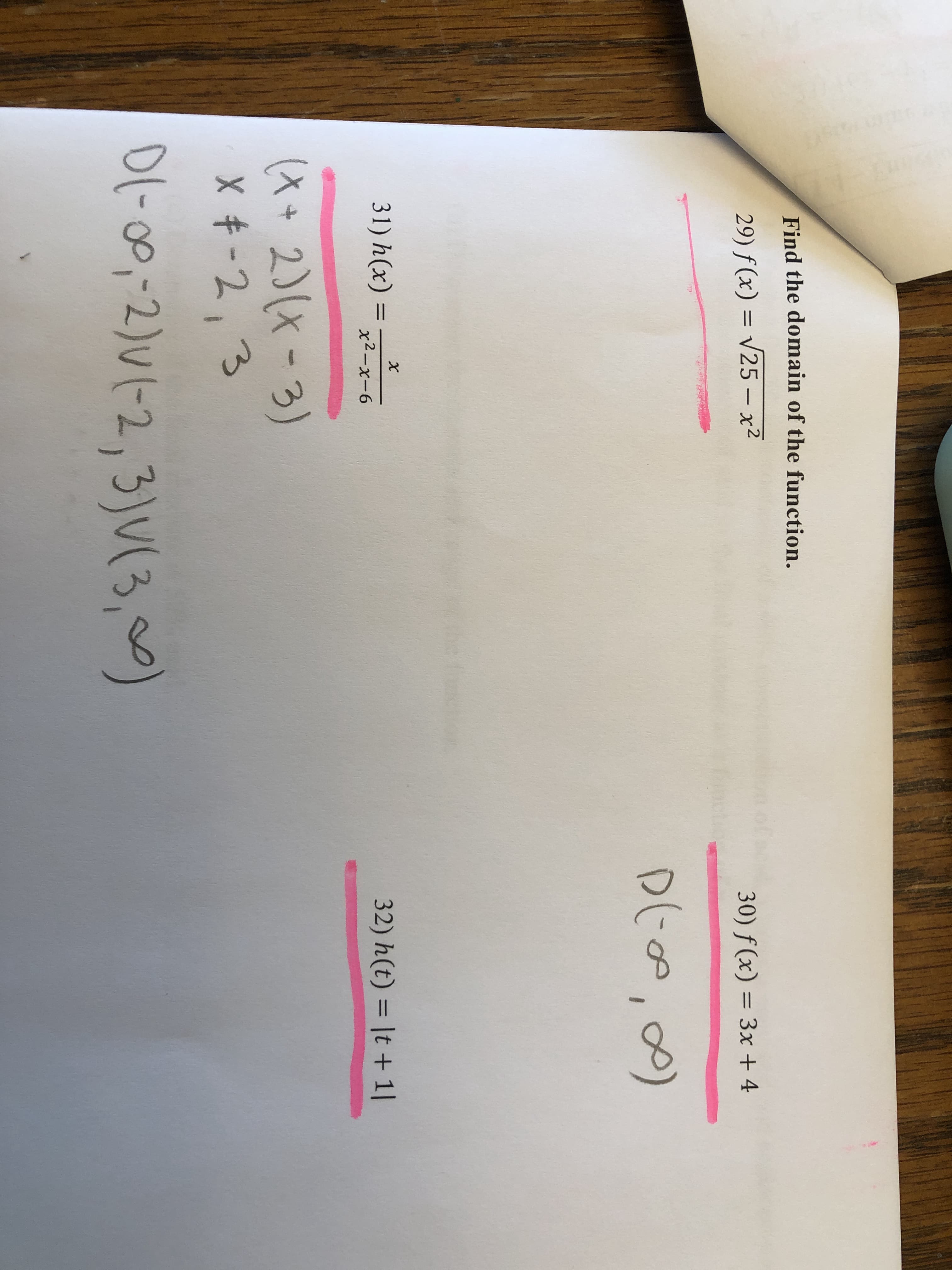 Find the domain of the function.
29) f (x) = v25 – x2
30) f (x) = 3x + 4
31) h(x)
32) h(t) = |t + 1|
%3D
x2-x-6
