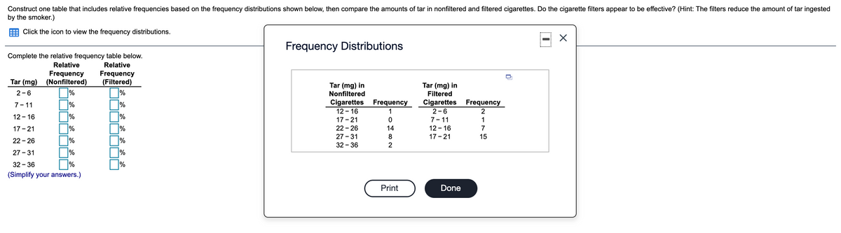 Construct one table that includes relative frequencies based on the frequency distributions shown below, then compare the amounts of tar in nonfiltered and filtered cigarettes. Do the cigarette filters appear to be effective? (Hint: The filters reduce the amount of tar ingested
by the smoker.)
Click the icon to view the frequency distributions.
Frequency Distributions
Complete the relative frequency table below.
Relative
Relative
Frequency
Tar (mg) (Nonfiltered)
Frequency
(Filtered)
Tar (mg) in
Tar (mg) in
Filtered
2-6
%
%
Nonfiltered
Cigarettes Frequency
Cigarettes
12 - 16
Frequency
7-11
%
%
1
2-6
2
12 - 16
17 - 21
7-11
1
12 - 16
17 - 21
17 - 21
%
22 - 26
14
7
27 - 31
8
15
22 - 26
%
%
32 - 36
27 - 31
%
%
32 - 36
(Simplify your answers.)
Print
Done
