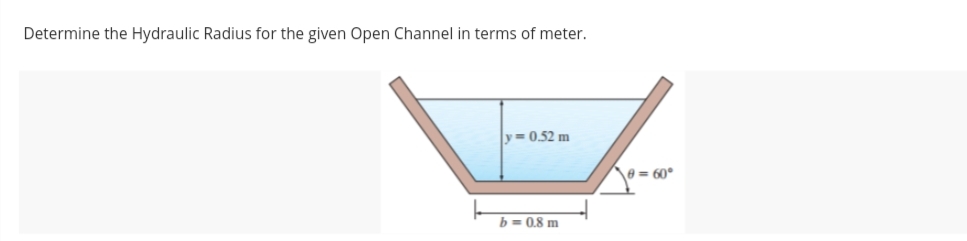 Determine the Hydraulic Radius for the given Open Channel in terms of meter.
y= 0.52 m
e = 60°
b = 0.8 m

