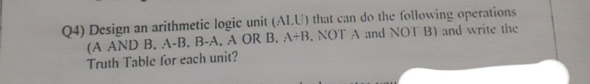 Q4) Design an arithmetic logic unit (ALU) that can do the following operations
(A AND B, A-B, B-A, A OR B. A+B, NOT A and NOT B) and write the
Truth Table for each unit?
