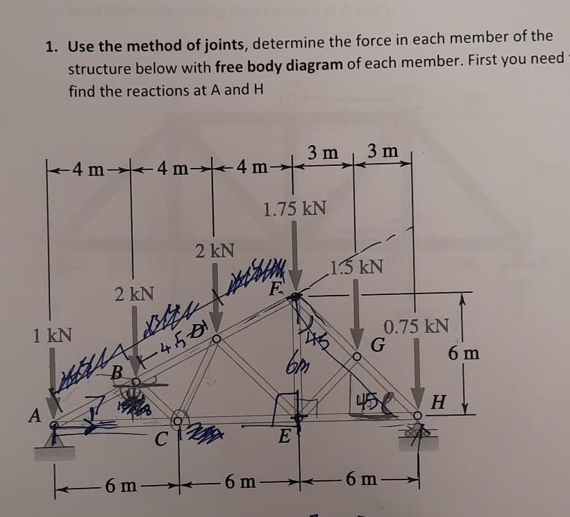 1. Use the method of joints, determine the force in each member of
structure below with free body diagram of each member. First you need
find the reactions at A and H
the
-4 m4m4 m- +
3m 3m
1.75 kN
2 kN
2 kN
1.5 kN
F
Jare
61-4501
ci
1 kN
A
-6 m-
0.75 KN
G
E
- 6 m―6 m—
6m
6 m
H