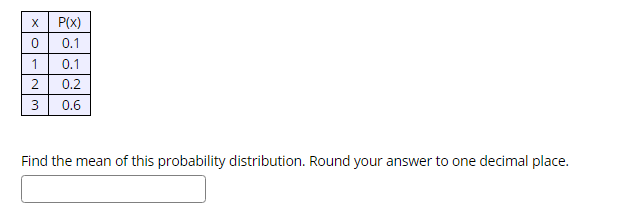 X
P(X)
0.1
1
0.1
2
0.2
3
0.6
Find the mean of this probability distribution. Round your answer to one decimal place.
