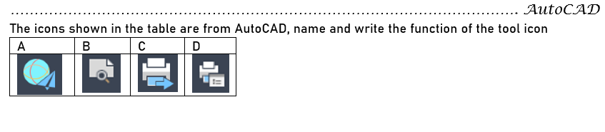 ... AutoCAD
The icons shown in the table are from AutoCAD, name and write the function of the tool icon
A
в
D

